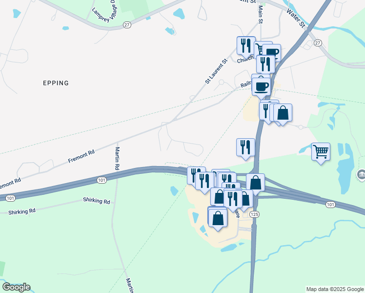 map of restaurants, bars, coffee shops, grocery stores, and more near 29 Leddy Drive in Epping