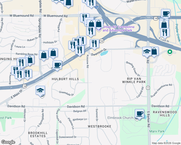 map of restaurants, bars, coffee shops, grocery stores, and more near 330 Kossow Road in Waukesha