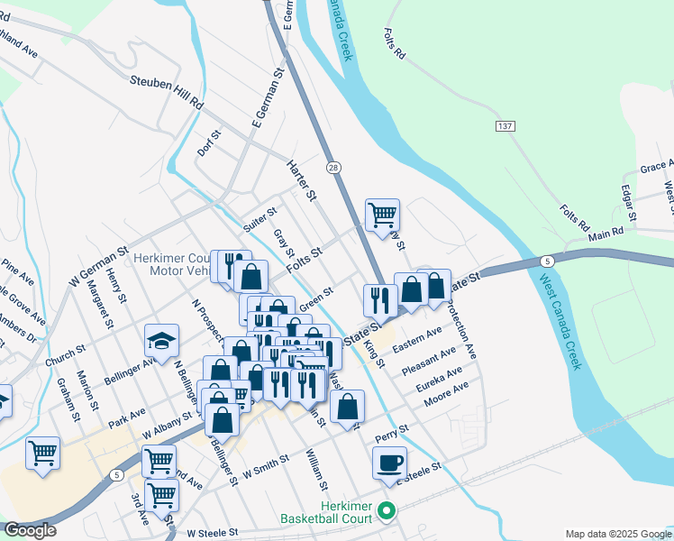 map of restaurants, bars, coffee shops, grocery stores, and more near 208 Steuben St in Herkimer
