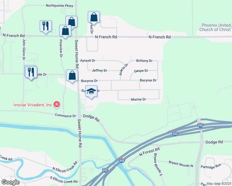 map of restaurants, bars, coffee shops, grocery stores, and more near 111 Sunshine Drive in Buffalo