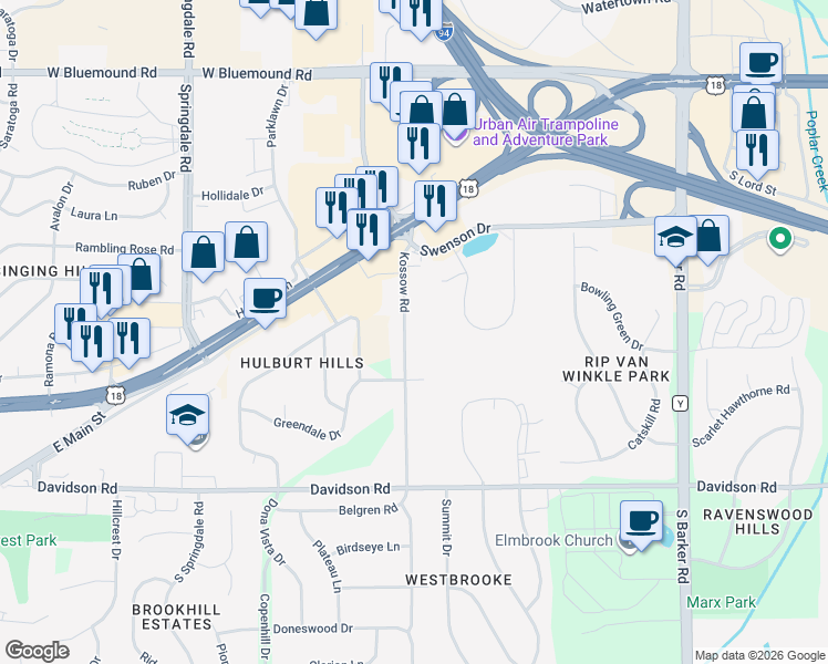 map of restaurants, bars, coffee shops, grocery stores, and more near 330 Kossow Road in Waukesha