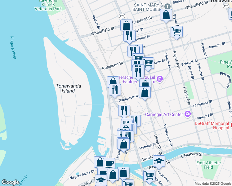 map of restaurants, bars, coffee shops, grocery stores, and more near 273 Main Street in North Tonawanda