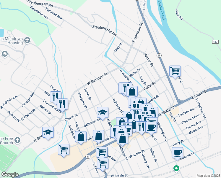 map of restaurants, bars, coffee shops, grocery stores, and more near 414 1/2 N Prospect St in Herkimer