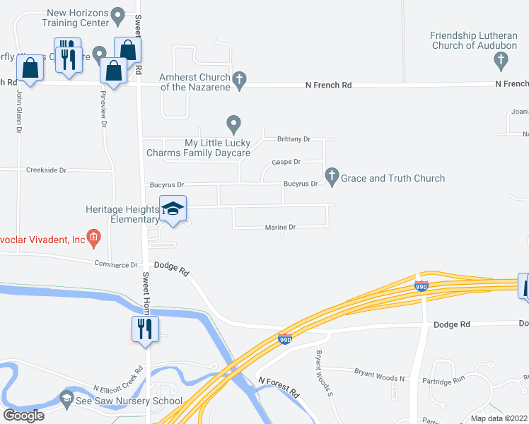 map of restaurants, bars, coffee shops, grocery stores, and more near 167 Sunshine Drive in Buffalo