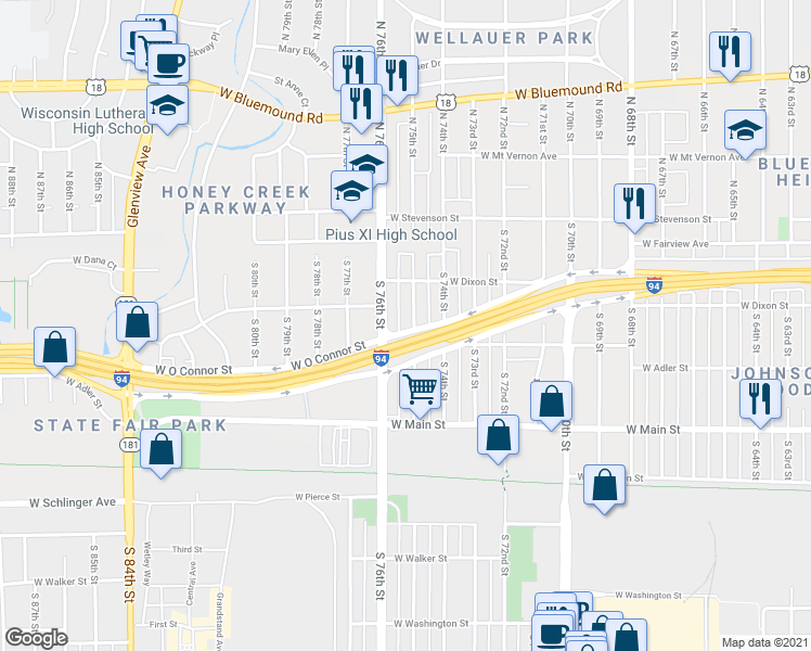 map of restaurants, bars, coffee shops, grocery stores, and more near 313 S 75th St in Milwaukee