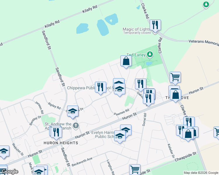 map of restaurants, bars, coffee shops, grocery stores, and more near 1054 Apache Road in London