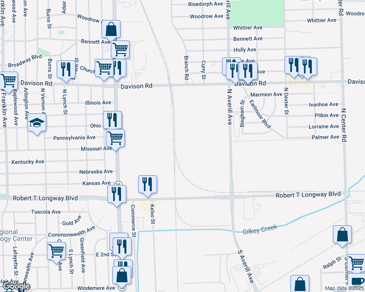 map of restaurants, bars, coffee shops, grocery stores, and more near in Flint