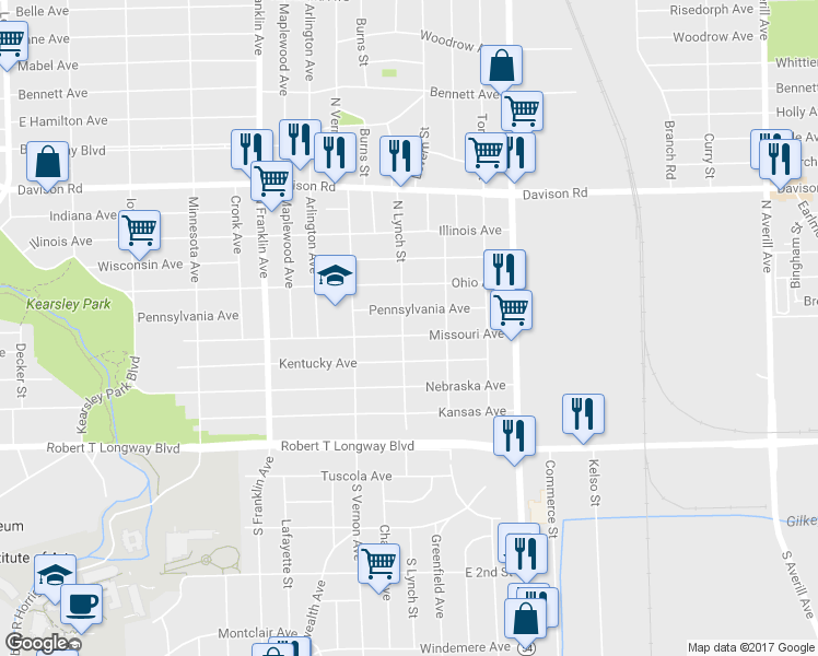 map of restaurants, bars, coffee shops, grocery stores, and more near 2401 Missouri Avenue in Flint