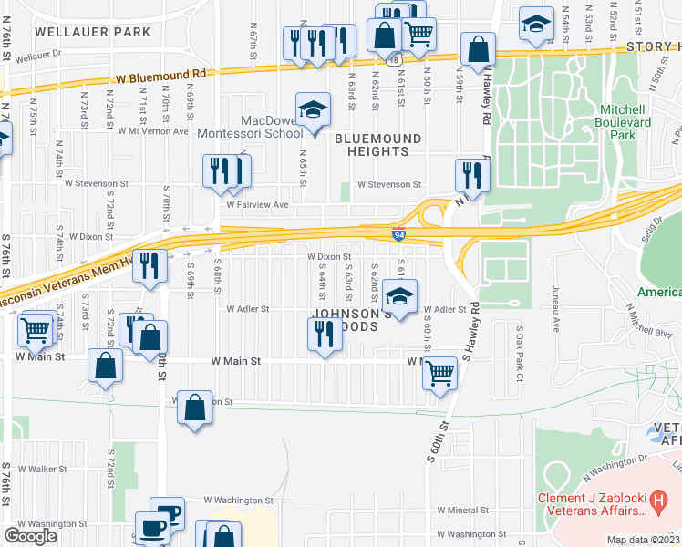 map of restaurants, bars, coffee shops, grocery stores, and more near 221 South 63rd Street in Milwaukee
