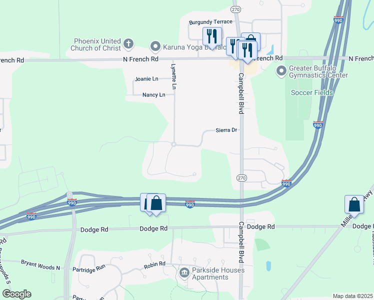 map of restaurants, bars, coffee shops, grocery stores, and more near 143 Sierra Drive in Getzville