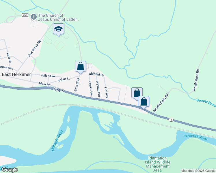 map of restaurants, bars, coffee shops, grocery stores, and more near 126 Elm Ave in Herkimer