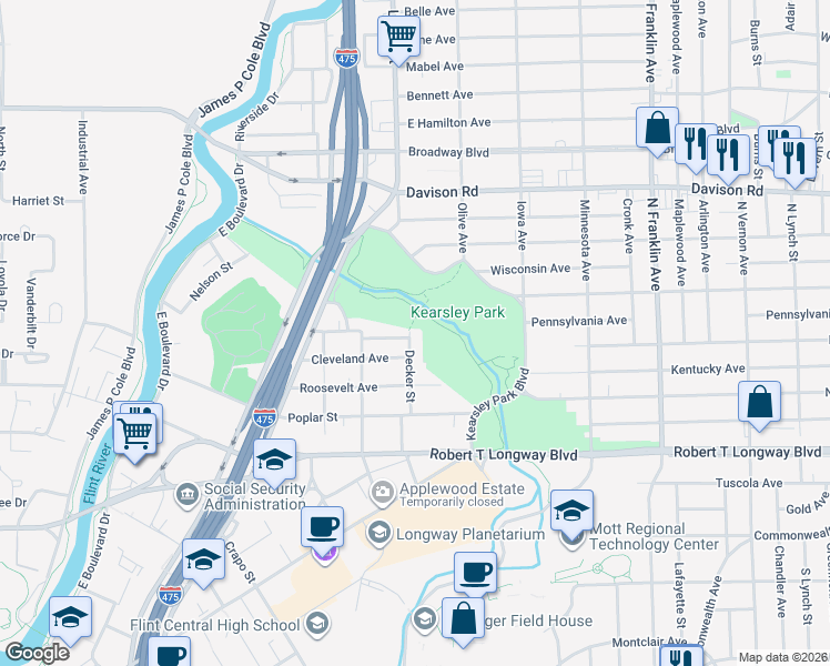 map of restaurants, bars, coffee shops, grocery stores, and more near 1224 Decker Street in Flint