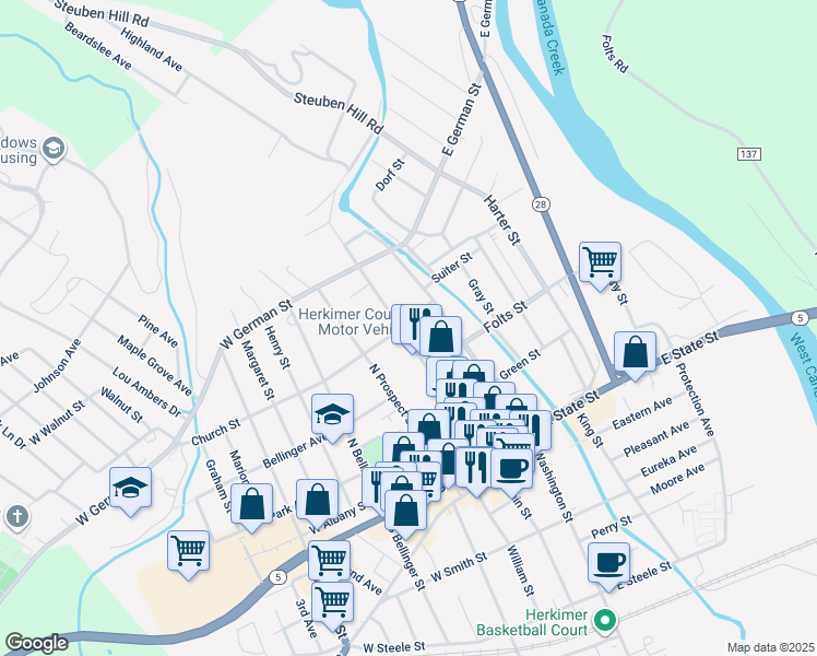 map of restaurants, bars, coffee shops, grocery stores, and more near 320 North Main Street in Herkimer
