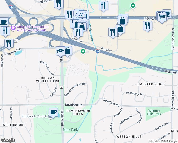 map of restaurants, bars, coffee shops, grocery stores, and more near 360 Terrace Drive West in Brookfield