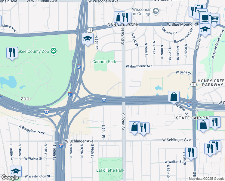 map of restaurants, bars, coffee shops, grocery stores, and more near 9341 West Dixon Street in Milwaukee