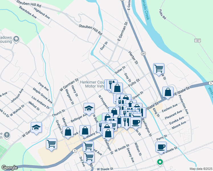 map of restaurants, bars, coffee shops, grocery stores, and more near 405 North Main Street in Herkimer