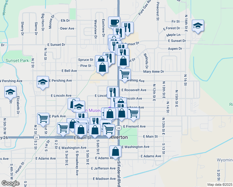 map of restaurants, bars, coffee shops, grocery stores, and more near 502 U.S. Highway 26 in Riverton