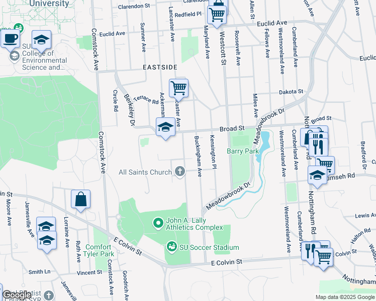 map of restaurants, bars, coffee shops, grocery stores, and more near 1141 Lancaster Avenue in Syracuse