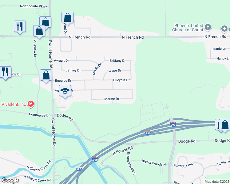 map of restaurants, bars, coffee shops, grocery stores, and more near 201 Sunshine Drive in Buffalo