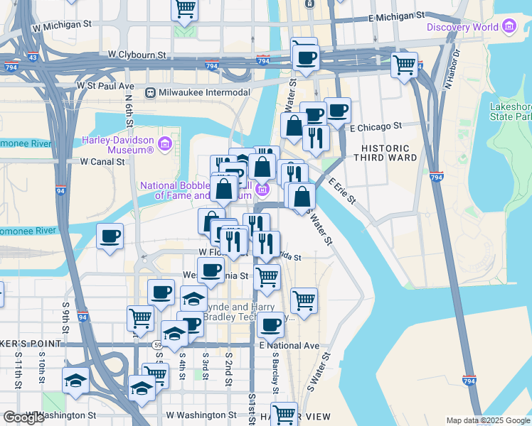 map of restaurants, bars, coffee shops, grocery stores, and more near 117 East Pittsburgh Avenue in Milwaukee