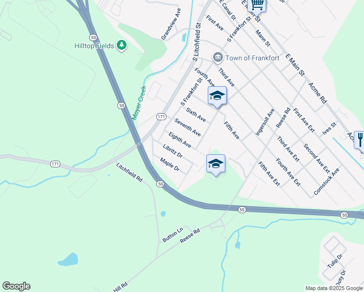 map of restaurants, bars, coffee shops, grocery stores, and more near 134 Eighth Avenue in Frankfort