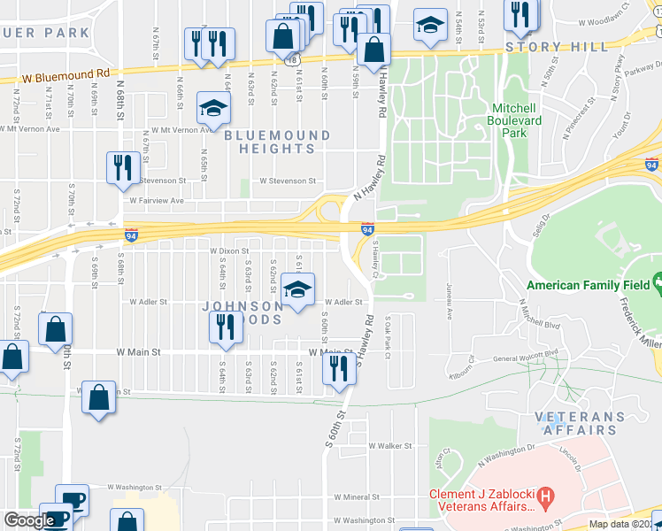 map of restaurants, bars, coffee shops, grocery stores, and more near 220 South 60th Street in Milwaukee