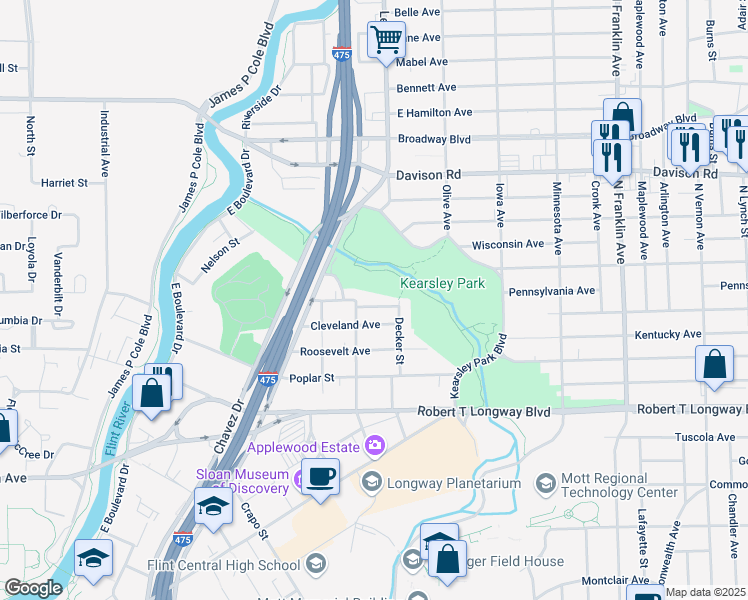 map of restaurants, bars, coffee shops, grocery stores, and more near 1359 Washington Avenue in Flint