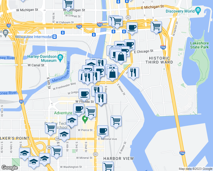 map of restaurants, bars, coffee shops, grocery stores, and more near 204 South Barclay Street in Milwaukee
