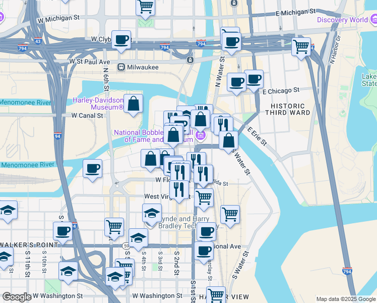 map of restaurants, bars, coffee shops, grocery stores, and more near 129 West Pittsburgh Avenue in Milwaukee