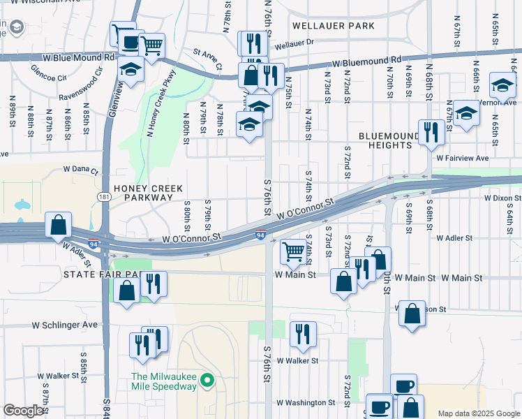 map of restaurants, bars, coffee shops, grocery stores, and more near 307-309 South 76th Street in Milwaukee