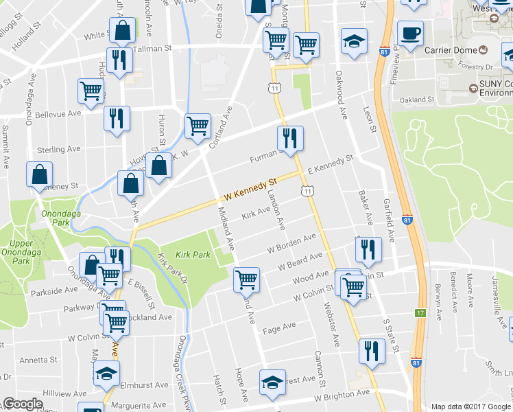 map of restaurants, bars, coffee shops, grocery stores, and more near 226 Kirk Ave in Syracuse