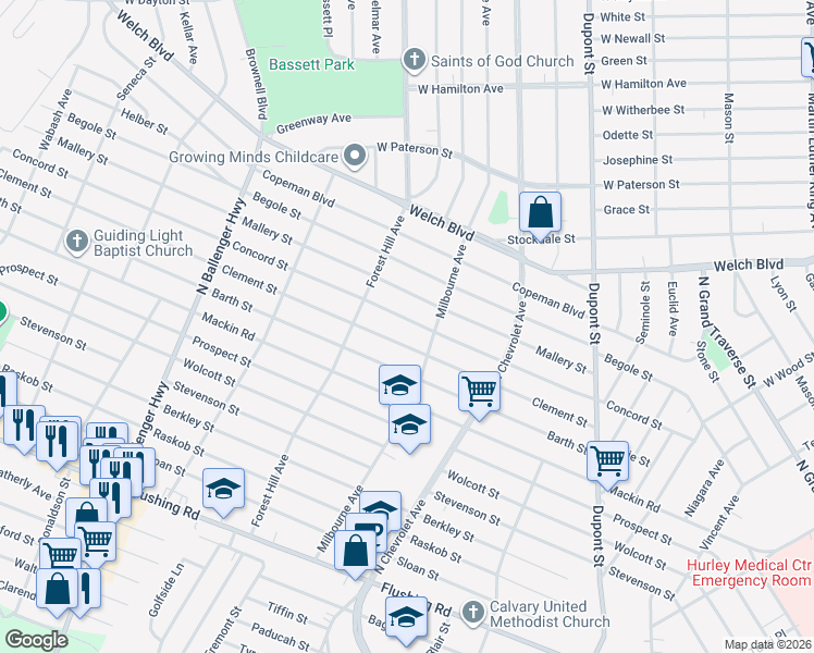 map of restaurants, bars, coffee shops, grocery stores, and more near 2502 Clement Street in Flint
