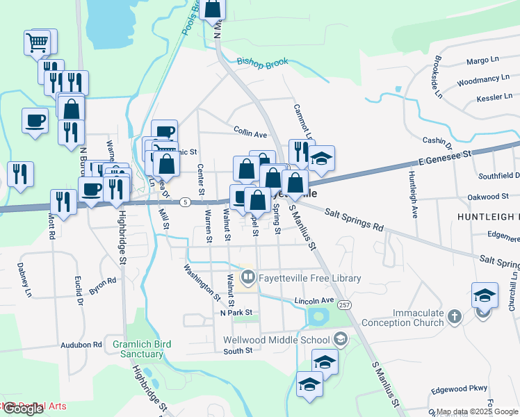 map of restaurants, bars, coffee shops, grocery stores, and more near 404 East Genesee Street in Fayetteville