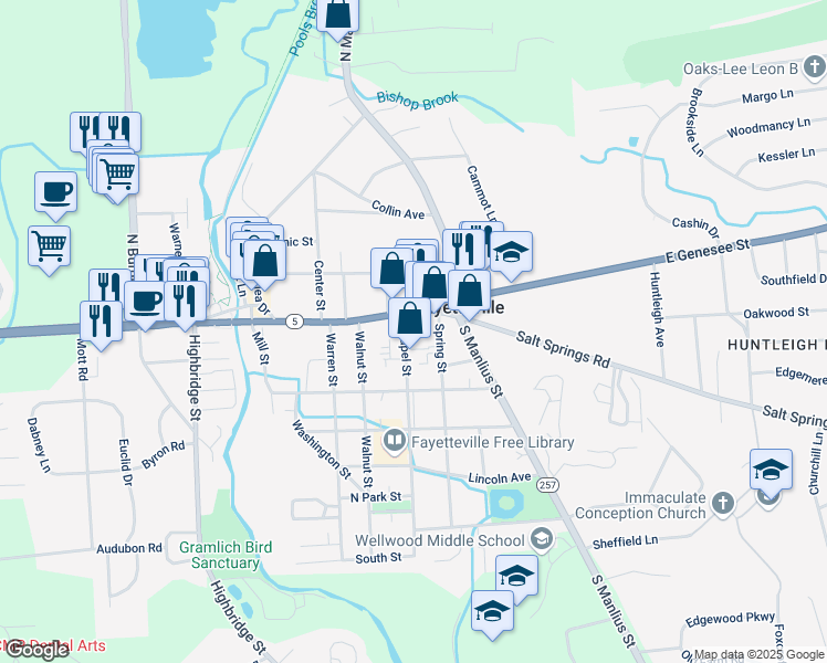 map of restaurants, bars, coffee shops, grocery stores, and more near 404 East Genesee Street in Fayetteville