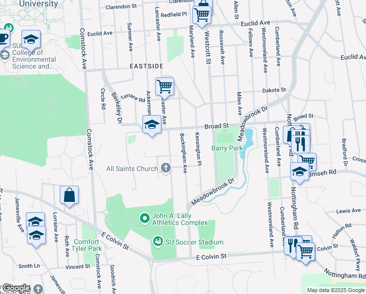map of restaurants, bars, coffee shops, grocery stores, and more near 335 Buckingham Avenue in Syracuse