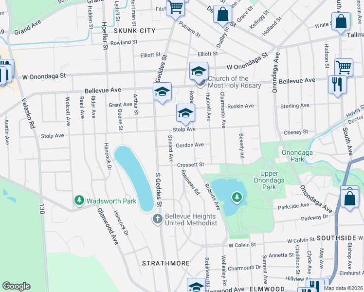 map of restaurants, bars, coffee shops, grocery stores, and more near 229 Gordon Avenue in Syracuse
