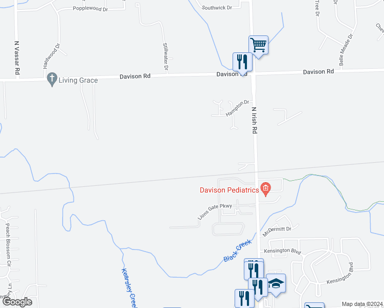 map of restaurants, bars, coffee shops, grocery stores, and more near 1369 North Irish Road in Davison