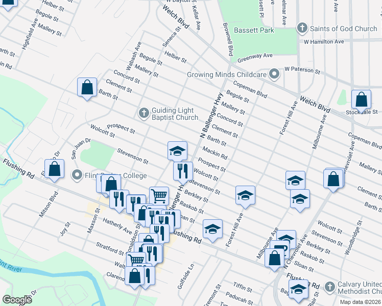 map of restaurants, bars, coffee shops, grocery stores, and more near 2905 Prospect Street in Flint