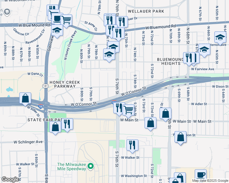 map of restaurants, bars, coffee shops, grocery stores, and more near 307-309 South 76th Street in Milwaukee