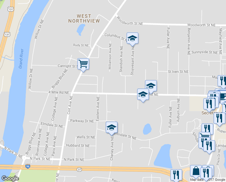 map of restaurants, bars, coffee shops, grocery stores, and more near 901 4 Mile Road Northeast in Grand Rapids