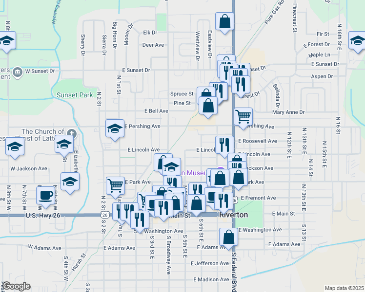 map of restaurants, bars, coffee shops, grocery stores, and more near 500 East Lincoln Avenue in Riverton