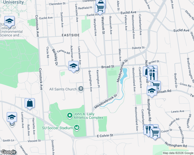 map of restaurants, bars, coffee shops, grocery stores, and more near 232 Kensington Place in Syracuse