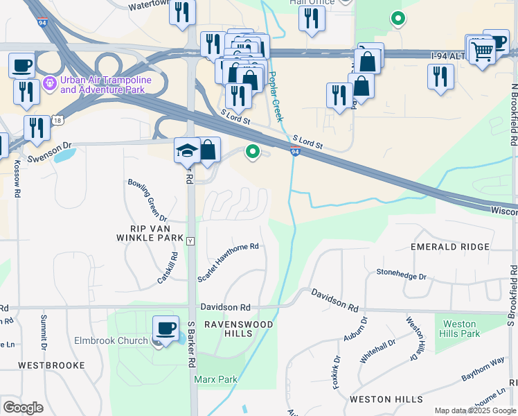 map of restaurants, bars, coffee shops, grocery stores, and more near 360 Terrace Drive West in Brookfield
