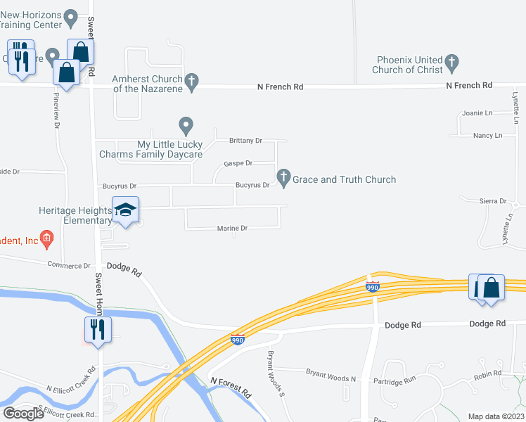 map of restaurants, bars, coffee shops, grocery stores, and more near 239 Sunshine Drive in Buffalo