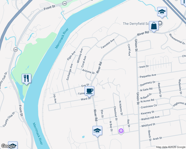 map of restaurants, bars, coffee shops, grocery stores, and more near 30 Arizona Street in Manchester