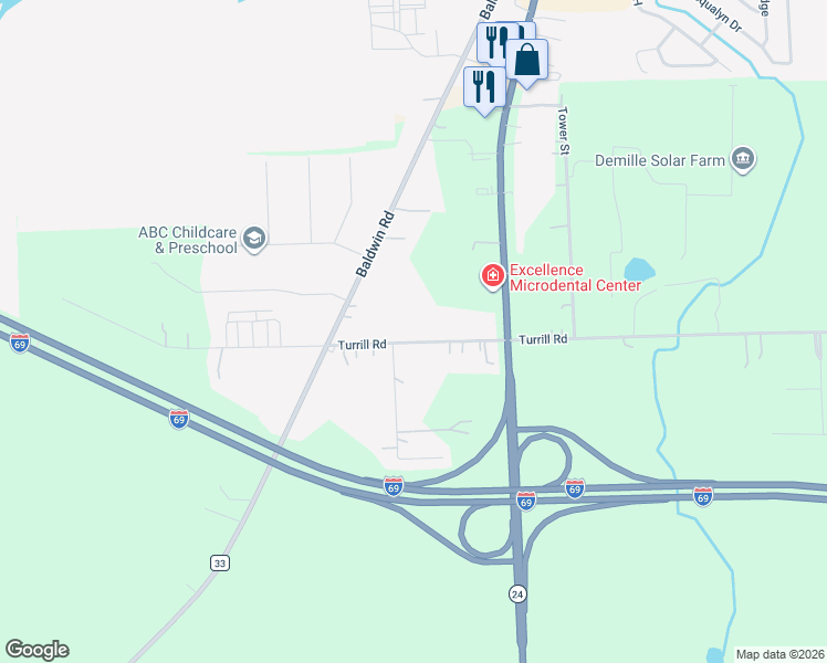 map of restaurants, bars, coffee shops, grocery stores, and more near 1098 Turrill Road in Lapeer