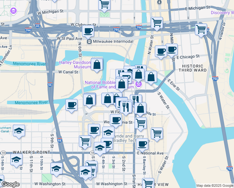 map of restaurants, bars, coffee shops, grocery stores, and more near 223 West Pittsburgh Avenue in Milwaukee