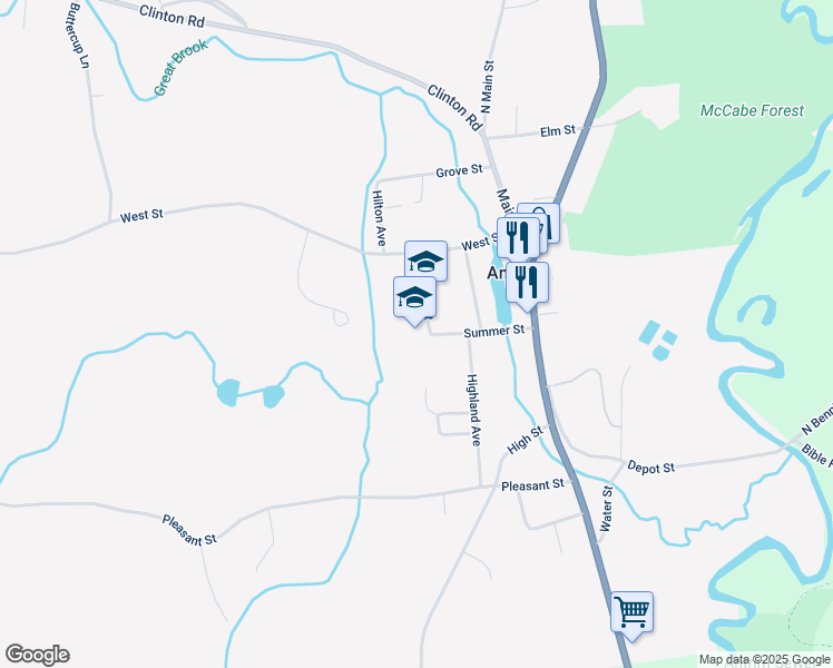 map of restaurants, bars, coffee shops, grocery stores, and more near 16 School Street in Antrim