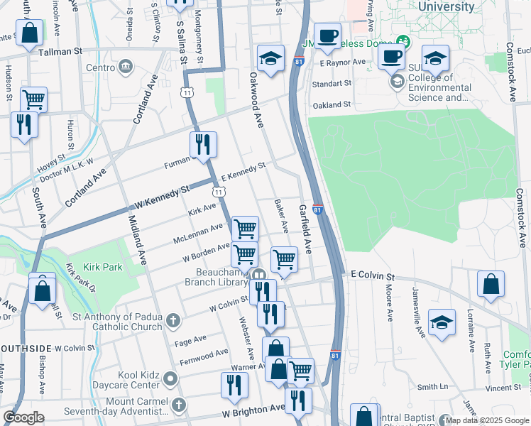 map of restaurants, bars, coffee shops, grocery stores, and more near 1619 South State Street in Syracuse