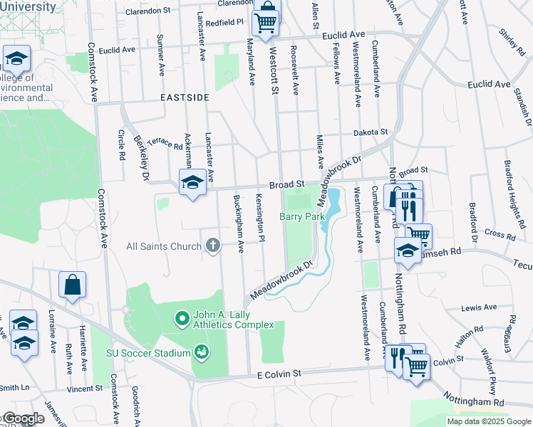 map of restaurants, bars, coffee shops, grocery stores, and more near 233 Kensington Place in Syracuse